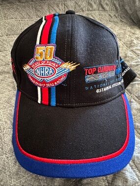 50th Anniversary Black Racing Cap with Red & Blue Trim